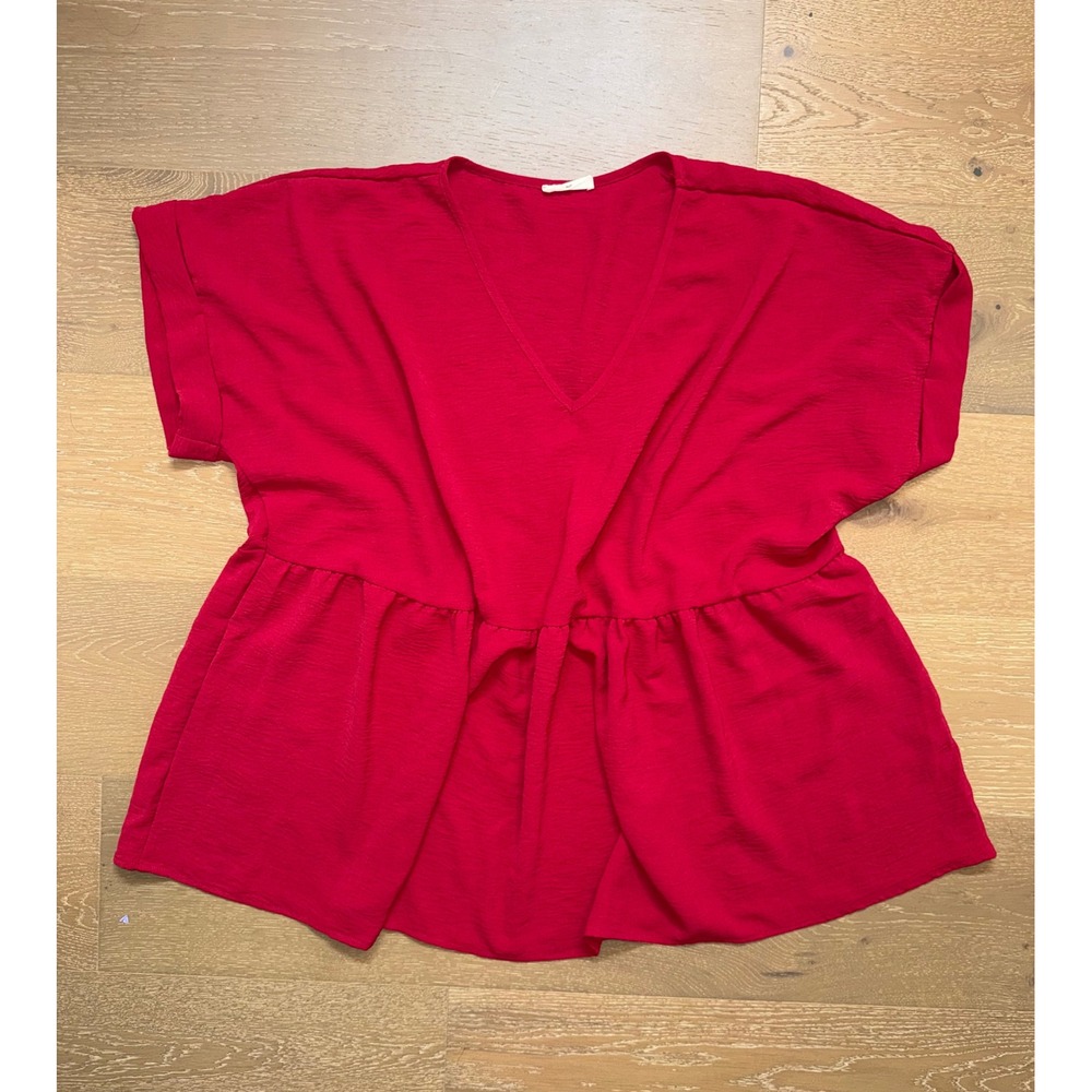 Entro Red V-Neck Babydoll Top Short Sleeve Peplum Blouse 1X